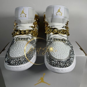Jordan 1 Mids, Bling Rhinestone  bedazzled sneakers, Sneaker Ball, Prom, Formal, Quincenera, wedding sneaker,  groomsmen sneaker, Luxury Nikes, rhinestone shoes, sparkly shoes, custom trainers, Customized Jordans