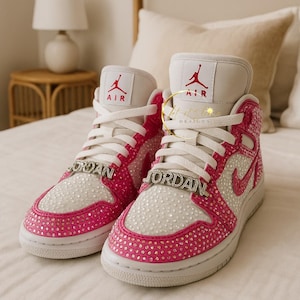 Pink Nike Air Jordan Rhinestone Sneakers, Authentic Bedazzled J1 Mid, Bejeweled Trainers