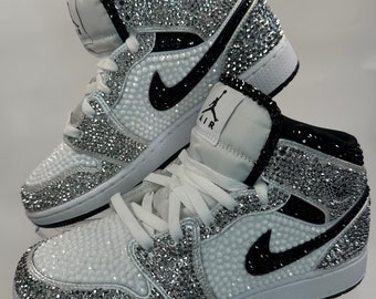 Fully Blinged Jordan 1 Mids- Chrome, Custom Rhinestone Sneakers, Bedazzled Nikes, Teen Gift, prom shoe, Sneaker Ball, Toddler Kid Adult