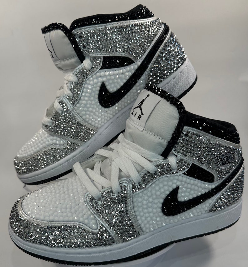 Silver/Black/White Jordan 1 Mids, Bling Rhinestone  bedazzled sneakers, Sneaker Ball, Prom, Formal, Quincenera, wedding sneaker,  groomsmen sneaker, Luxury Nikes, rhinestone shoes, sparkly shoes, custom trainers, Customized Jordans