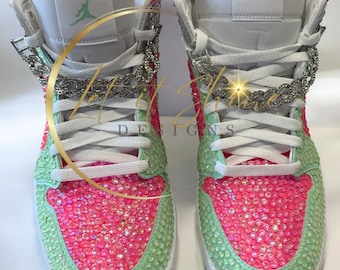 Jordan 1 Mid- Pink and Green Rhinestone Sneakers, Bedazzled Nikes