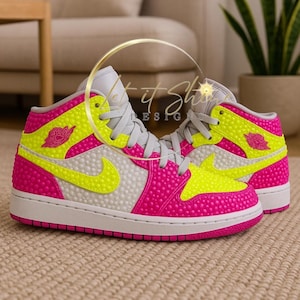 Pink and Neon Jordan 1 Mid Rhinestone Sneakers, Authentic Bedazzled Nike, Bejeweled Trainers