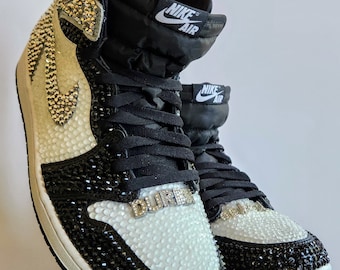 Bling Black and White Jordan 1 High OG Custom Rhinestone Sneakers, Bedazzled Nikes