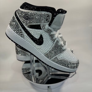 Silver/Black/White Jordan 1 Mids, Bling Rhinestone  bedazzled sneakers, Sneaker Ball, Prom, Formal, Quincenera, wedding sneaker,  groomsmen sneaker, Luxury Nikes, rhinestone shoes, sparkly shoes, custom trainers, Customized Jordans
