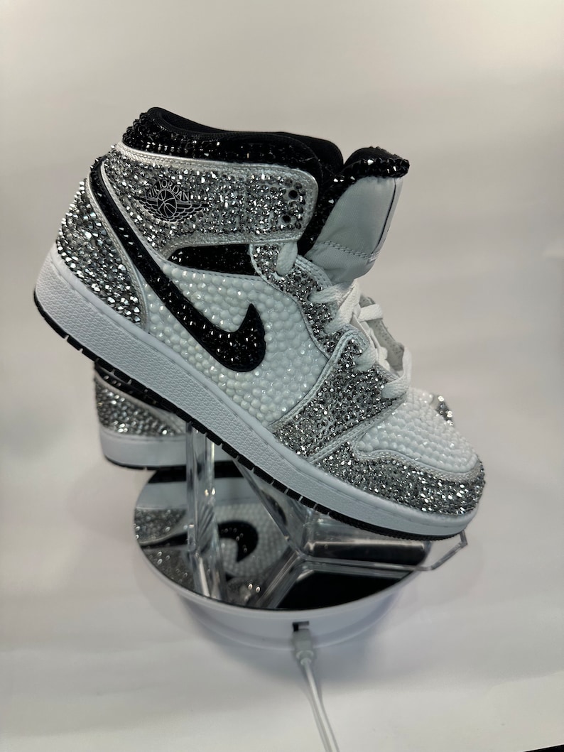 Silver/Black/White Jordan 1 Mids, Bling Rhinestone  bedazzled sneakers, Sneaker Ball, Prom, Formal, Quincenera, wedding sneaker,  groomsmen sneaker, Luxury Nikes, rhinestone shoes, sparkly shoes, custom trainers, Customized Jordans