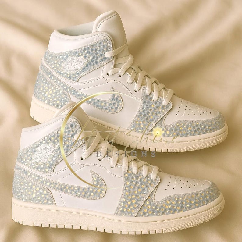 White Bling Wedding Jordans, Bedazzled Bridal shoes, Custom Rhinestone Sneakers, Bejeweled Nikes, image 1