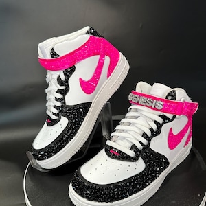 Bling Air Force 1 Mids, pink and black,   Custom Rhinestone AF1 Sneakers, Bedazzled Nikes, prom, sneaker ball, quinceanera Christmas gift