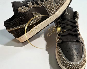 Black and Silver Rhinestone Jordan 1 Lows, Custom Bling  Sneakers, Bedazzled Footwear