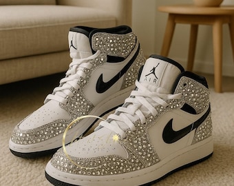 Blinged Out Jordan 1 Mids, Custom Rhinestone Sneakers, Bedazzled Nikes, Teen Gift, prom shoe, sneaker ball, quinceanera, Toddler Kid Adult