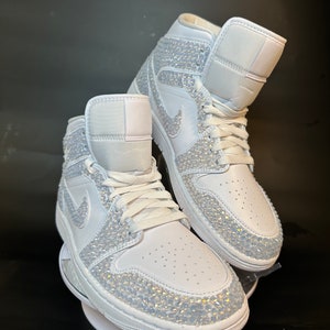 Blinged Jordan 1 Mids, wedding sneaker, bride shoe, groomsmen sneaker, White Nikes, Bedazzled Custom Sneakers, Sneaker Ball, Prom, Quincenera, Luxury Nikes, rhinestone shoes, sparkly shoes, custom trainers, Customized Jordans