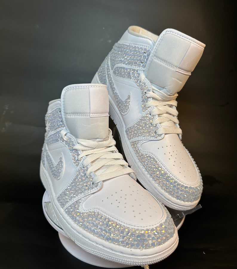 Blinged Jordan 1 Mids, wedding sneaker, bride shoe, groomsmen sneaker, White Nikes, Bedazzled Custom Sneakers, Sneaker Ball, Prom, Quincenera, Luxury Nikes, rhinestone shoes, sparkly shoes, custom trainers, Customized Jordans