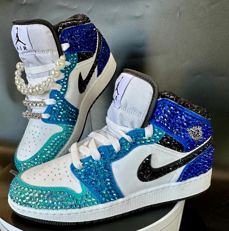 Blue and Black Jordan 1 mids with rhinestones, Bling Nikes, bedazzled trainers,  custom sneakers for prom, bat mitzvah, sneaker ball, wedding, birthday