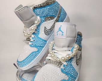 Authentic Fully Blinged Jordan 1 Mids- Blue, Rhinestone Sneakers, Bedazzled Nikes, birthday, prom, Sneaker Ball, Toddler Kid Adult