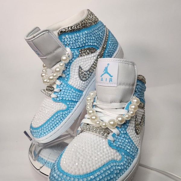 Authentic Fully Blinged Jordan 1 Mids- Blue, Rhinestone Sneakers, Bedazzled Nikes, birthday, prom, Sneaker Ball, Toddler Kid Adult