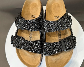 Black Bling Sandals, Rhinestone Birkenstock  Arizona slides,  black bedazzled footwear