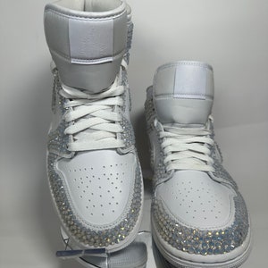 Blinged Jordan 1 Mids, wedding sneaker, bride shoe, groomsmen sneaker, White Nikes, Bedazzled Custom Sneakers, Sneaker Ball, Prom, Quincenera, Luxury Nikes, rhinestone shoes, sparkly shoes, custom trainers, Customized Jordans