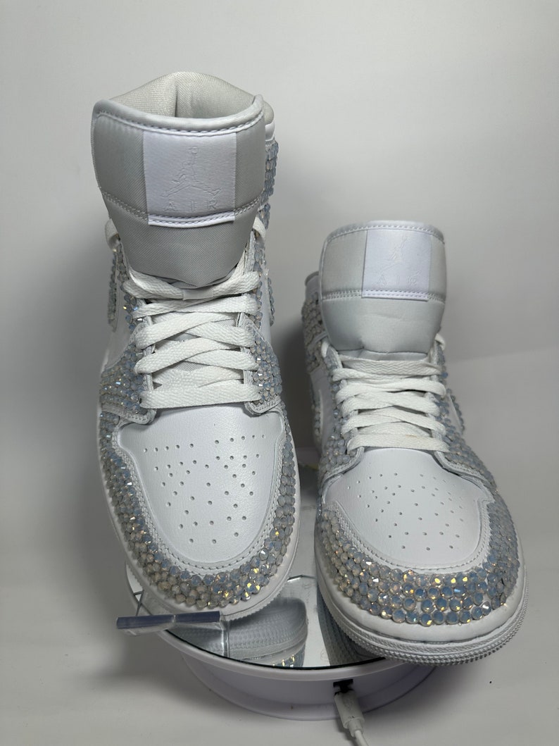Blinged Jordan 1 Mids, wedding sneaker, bride shoe, groomsmen sneaker, White Nikes, Bedazzled Custom Sneakers, Sneaker Ball, Prom, Quincenera, Luxury Nikes, rhinestone shoes, sparkly shoes, custom trainers, Customized Jordans