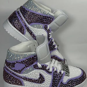 Bedazzled Purple Jordan 1 Mids Custom Rhinestone Sneakers, Bling Nikes, wedding shoes,  prom, sneaker ball, quinceanera