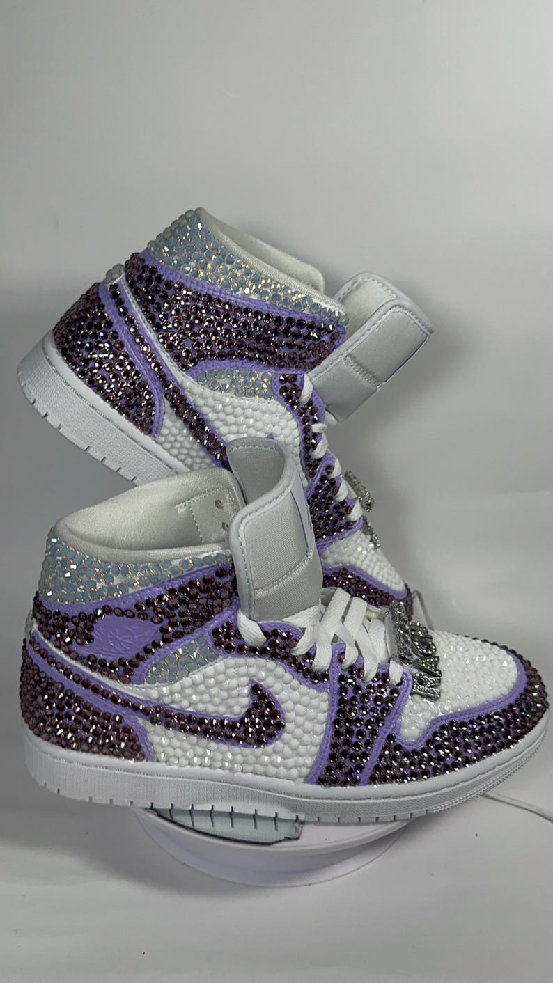 Bedazzled Purple Jordan 1 Mids Custom Rhinestone Sneakers, Bling Nikes, wedding shoes,  prom, sneaker ball, quinceanera