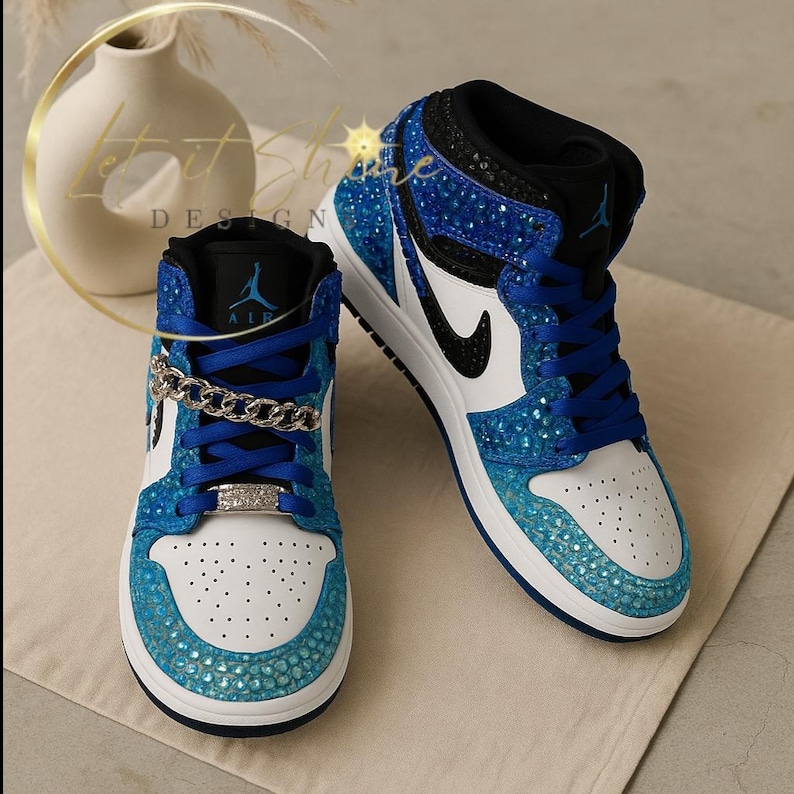 Blue Jordan 1 Mid, Custom Rhinestone Sneakers, Bedazzled Nikes image 2