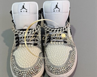 Rhinestone Black White & 2 tone-silver Sneakers Jordan 1 Mids, Custom Bling Nikes, Bedazzled Jordans