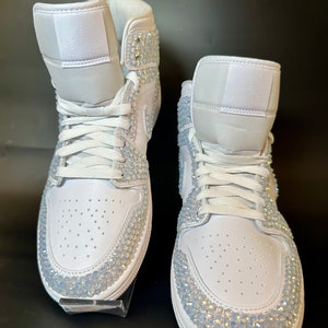 Blinged Jordan 1 Mids, wedding sneaker, bride shoe, groomsmen sneaker, White Nikes, Bedazzled Custom Sneakers, Sneaker Ball, Prom, Quincenera, Luxury Nikes, rhinestone shoes, sparkly shoes, custom trainers, Customized Jordans