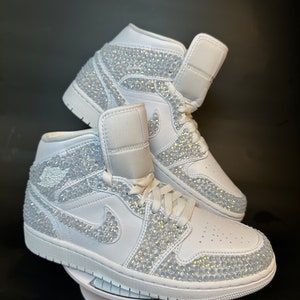 Blinged Jordan 1 Mids, wedding sneaker, bride shoe, groomsmen sneaker, White Nikes, Bedazzled Custom Sneakers, Sneaker Ball, Prom, Quincenera, Luxury Nikes, rhinestone shoes, sparkly shoes, custom trainers, Customized Jordans