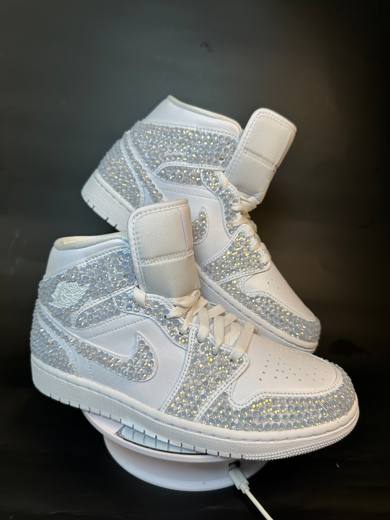 Blinged Jordan 1 Mids, wedding sneaker, bride shoe, groomsmen sneaker, White Nikes, Bedazzled Custom Sneakers, Sneaker Ball, Prom, Quincenera, Luxury Nikes, rhinestone shoes, sparkly shoes, custom trainers, Customized Jordans