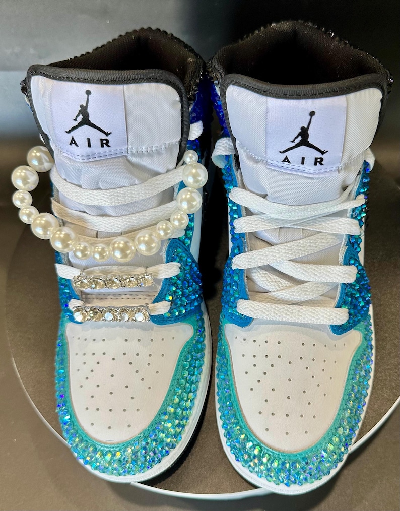 Blinged Jordan 1 Mid,  wedding sneaker,  groomsmen sneaker, Blue Nikes, Bedazzled Custom Sneakers, Sneaker Ball, Prom, Quincenera, Luxury Nikes, rhinestone shoes, sparkly shoes, custom trainers, Customized Jordans, sneaker head, luxury trainers