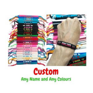 May include: A variety of colorful friendship bracelets with different names woven into them. The bracelets are made with colorful embroidery floss and are tied with knots. The text "Custom Any Name and Any Colours" is displayed below the bracelets.