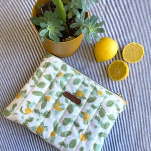 Handmade Quilted Lemon Pouch – Summer Cosmetic Bag – Pencil Case – Pink Zipper Bag