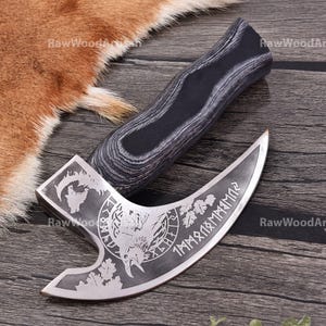 Handmade Viking Pizza Cutter Axe: Etched Carbon Steel Blade
