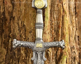 Handmade KING DAVID SWORD  Damascus steel, Personalized Solomon sword, Crusader swords with leather sheath, Master sword custom engraved.