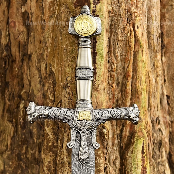 Handmade KING DAVID SWORD  Damascus steel, Personalized Solomon sword, Crusader swords with leather sheath, Master sword custom engraved.