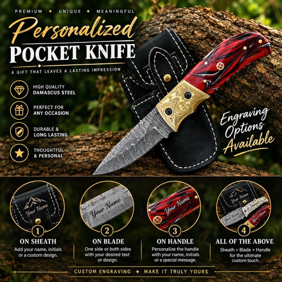 A Damascus steel pocket knife with custom engraving — the wavy, layered blade pattern alone makes this visually arresting, and it's a groomsmen gift that won't end up in a drawer.