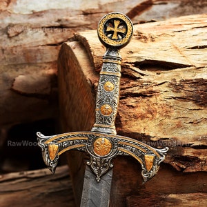 Handmade knights Templar sword Damascus steel, Unique Crusader sword, Medieval 12th century Holy sword, Sacred longsword with leather sheath