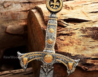 Handmade knights Templar sword Damascus steel, Unique Crusader sword, Medieval 12th century Holy sword, Sacred longsword with leather sheath