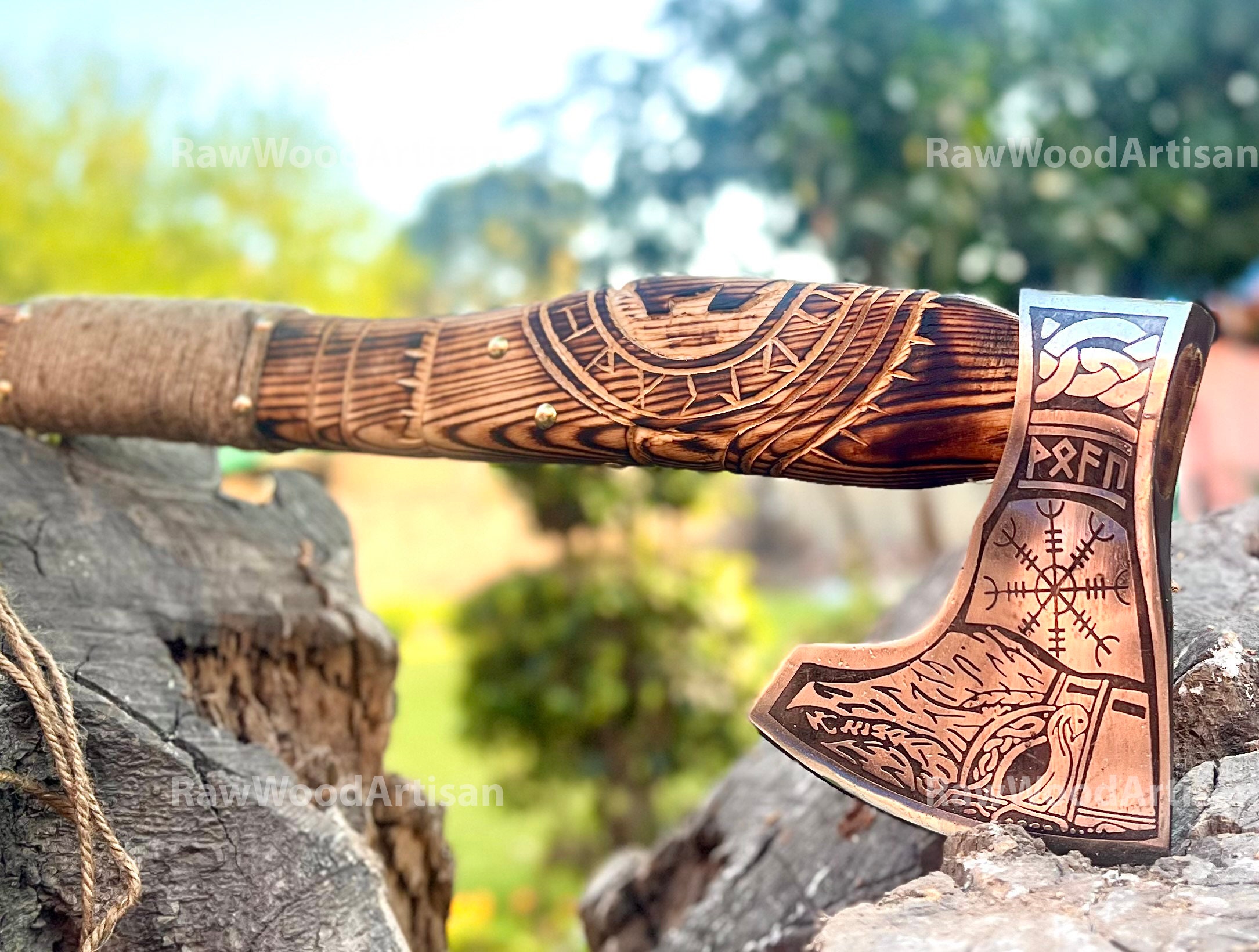 SHARD Hand Forged Viking Ragnar Norse Damascus Steel Throwing Axe - Rosewood Handle