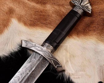 BALLINDERRY VIKINGS Sword Damascus Steel, Viking Replica with Leather Sheath, Groomsmen Gift, Gift for Him, Norse Sword, Longsword & Sheath.