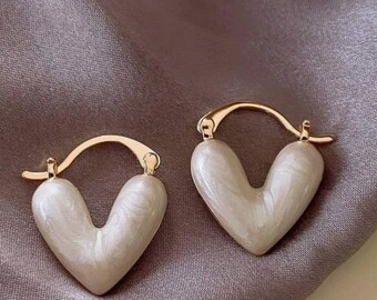 Heart Earrings, Gold Heart Hoop Earrings, White Heart Earrings, Heart Jewelry, Gift for Her Gift Heart Earrings