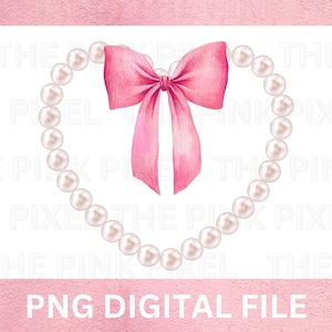 Puede incluir: Un lazo rosa de acuarela atado con un collar de perlas en forma de coraz&oacute;n.