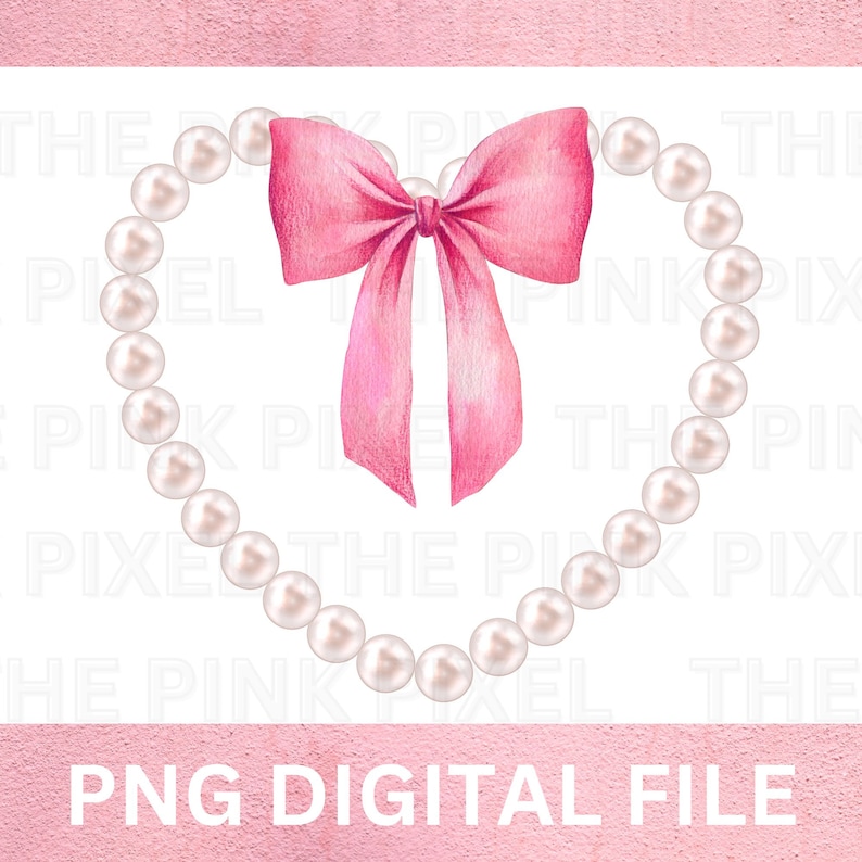 Puede incluir: Un lazo rosa de acuarela atado con un collar de perlas en forma de coraz&oacute;n.