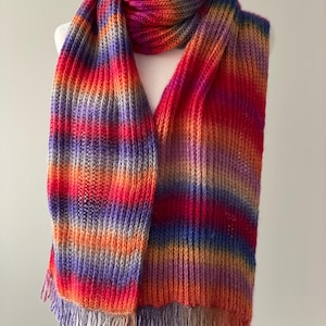 Cozy Hand-Knitted Rainbow Wool Scarf with Fringe – Soft, Warm & Timeless