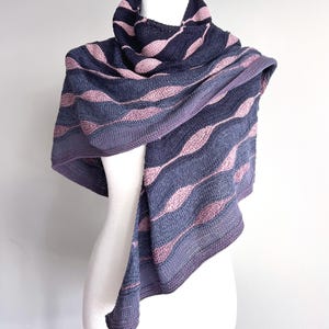 Summer cotton handmade shawl with wave pattern, navy blue and lilac colours