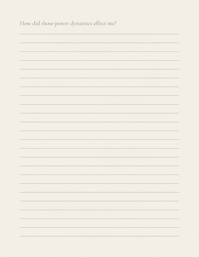 May include: A lined page with the question "How did those power dynamics affect me?" printed at the top.
