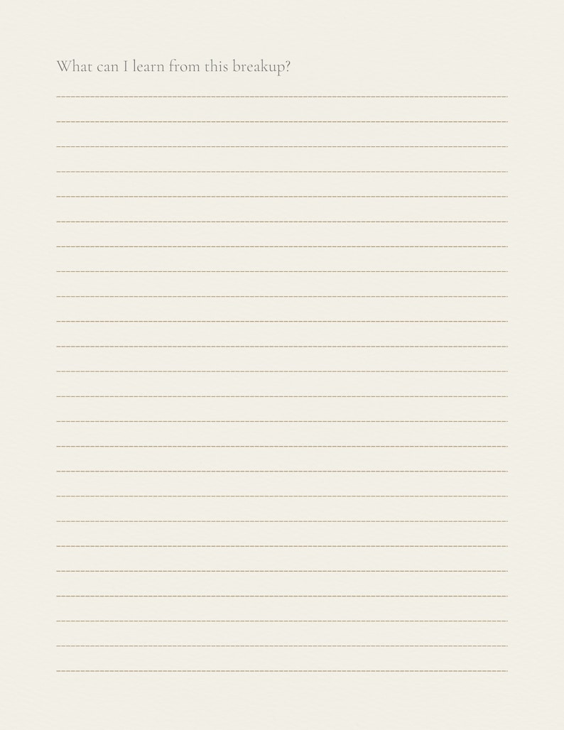 May include: A lined journal page with the question "What can I learn from this breakup?" printed at the top.