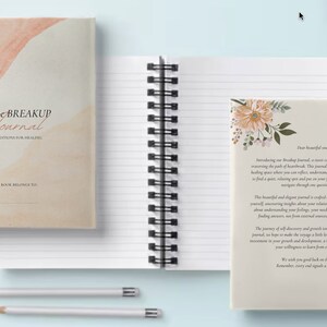 May include: A breakup journal with a peach and white watercolor design on the cover. The journal has a floral design on the inside cover with the text "Dear beautiful soul, Introducing our Breakup Journal, a new companion designed for those traversing the path of heartbreak. This journal is more than just a book, it's a healing space where you can reflect, understand, and grow. We encourage you to find a quiet, relaxing spot and put on your favorite music as much as you need, allowing yourself to journey through each question each day."