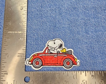 Snpy and Woodstock on red car  Embroidery Patch Iron On / Sew On
