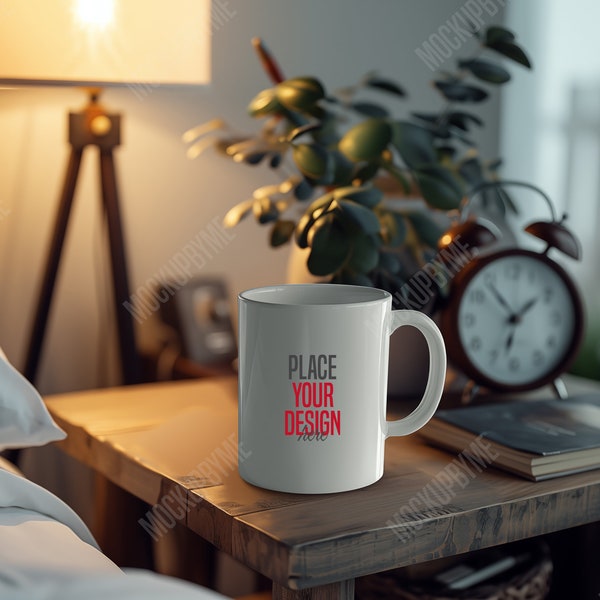 White Ceramic Mug Mockup 11 oz on a bedside table | Digital white ceramic mug mockup | Ceramic mug mock up | Coffee mug mockup | Cup of tea