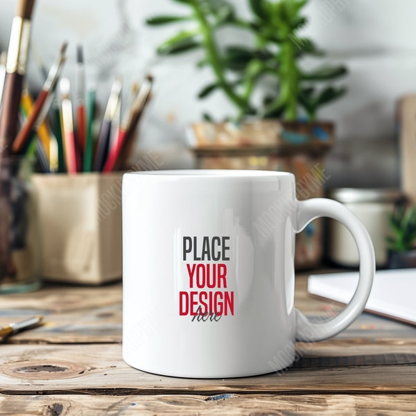 Digital Mug Mockup 11 oz | White Ceramic Blank Mug Mockup in a art studio | Blank mug mockup | Coffee mug mockup | Cup of tea